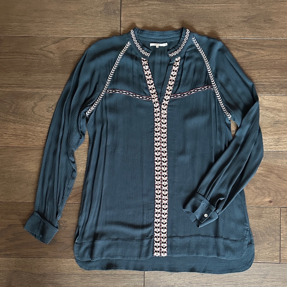 Tularosa Wyatt Tunic with Embroidered Trim, Dark Teal Blouse with Rust Accents